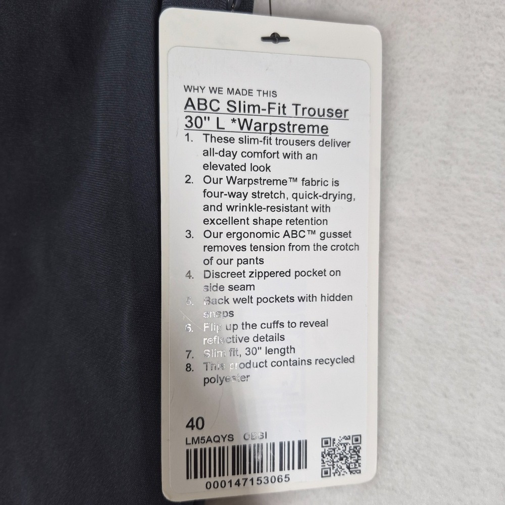 Lululemon Slim-Fit ABC Trouser Pants Men's 40x30 Gray Warpstreme LM5AQYS NWT - Picture 8 of 9